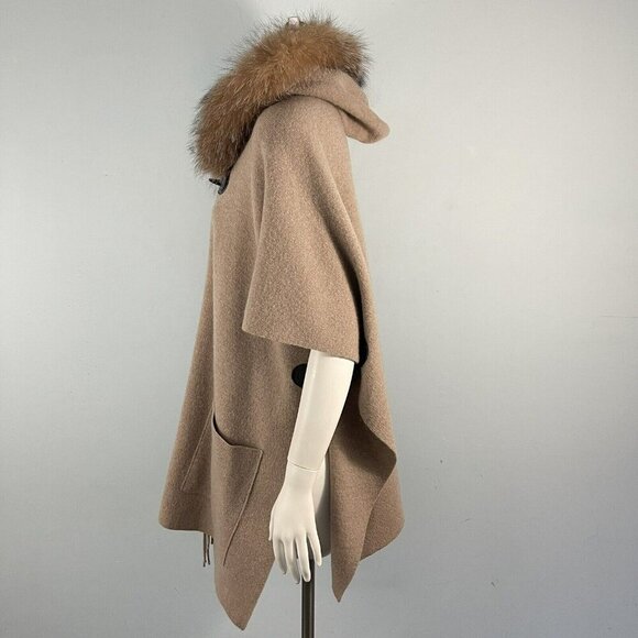 Mitchie's 100%Wool Hooded Poncho Cape Fox Fur Trim Beige Tan Coat - Picture 8 of 16